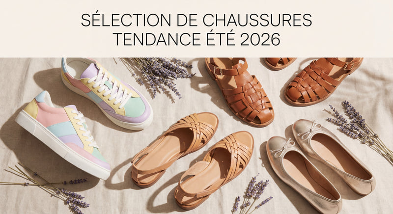 Sélection de chaussures femme et homme tendance été 2026 — ballerines marron, sandales minimalistes et mocassins — posés sur fond natur...
![Chaussures Été 2026 : Les Tendances Incontournables pour Femme & Homme