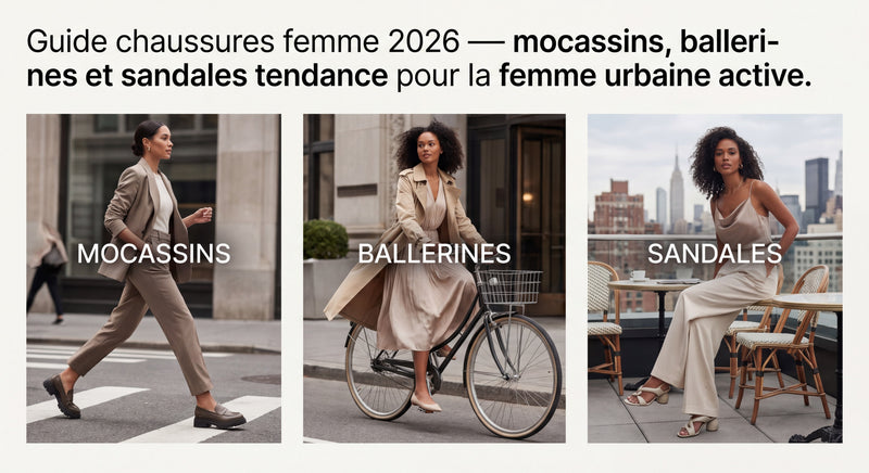 Sélection de chaussures tendance été 2026 — ballerines chocolat, sandales minimalistes, mocassins en daim et sneakers colorées disposée...
![Mocassins, ballerines, sandales femme : le guide complet pour choisir ses chaussures en 2026