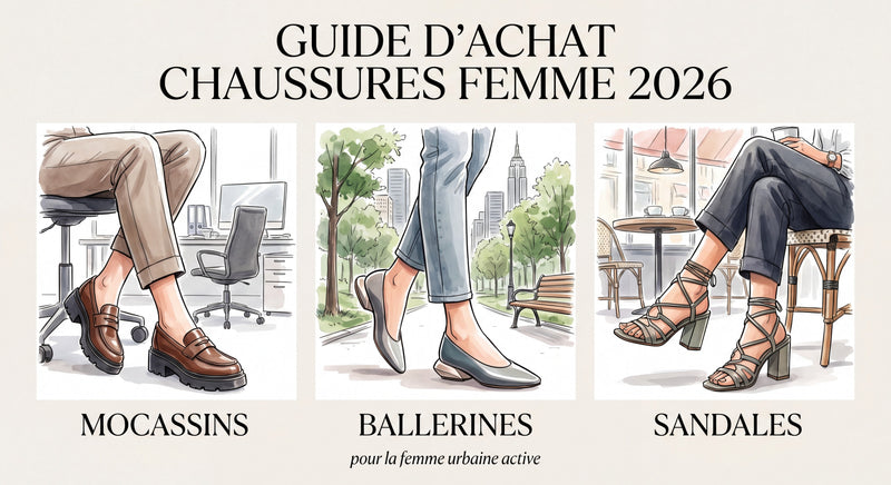 Sélection de chaussures tendance été 2026 — ballerines chocolat, sandales minimalistes et mocassins colorés posés sur fond clair, style...
![Quelles chaussures femme choisir en 2026 ? Le guide complet mocassins, ballerines & sandales