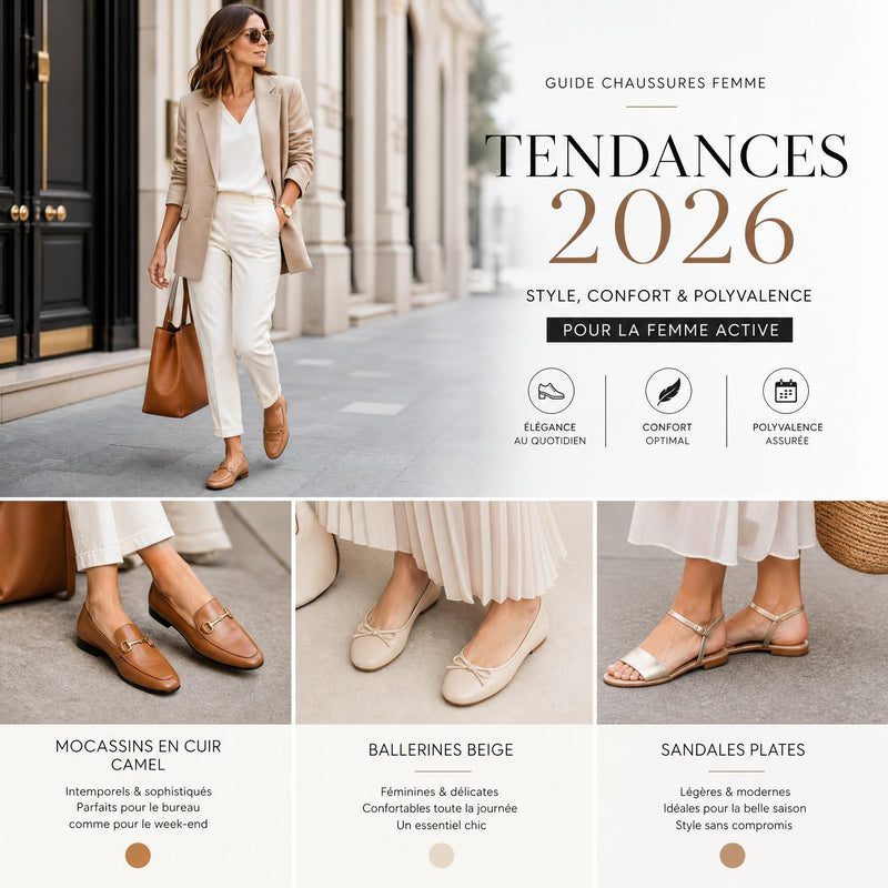 Femme urbaine élégante portant des mocassins en cuir noir avec un jean large et un blazer, ballerines chocolat et sandales plates posée...
![Mocassins, ballerines ou sandales : quelles chaussures femme choisir pour ton quotidien en 2026 ?