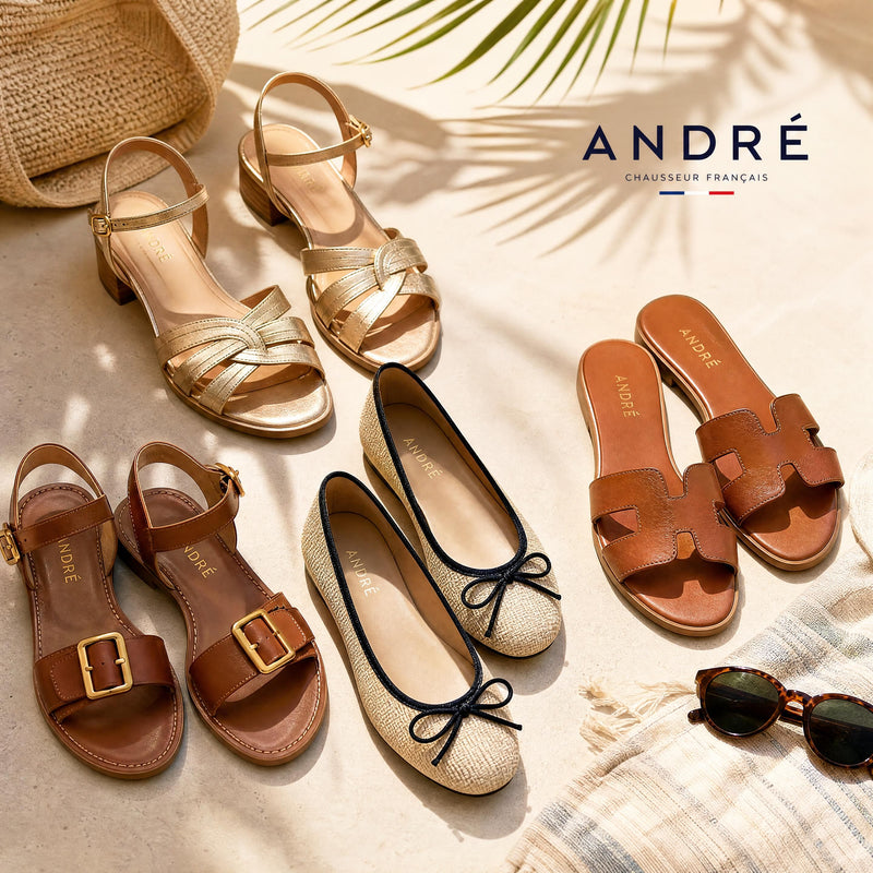 Une femme active urbaine élégante portant des mocassins noirs en cuir de qualité André et un pantalon de tailleur fluide dans une rue p...
![Chaussures été 2026 : les tendances incontournables et nos conseils pour un style sans fausse note