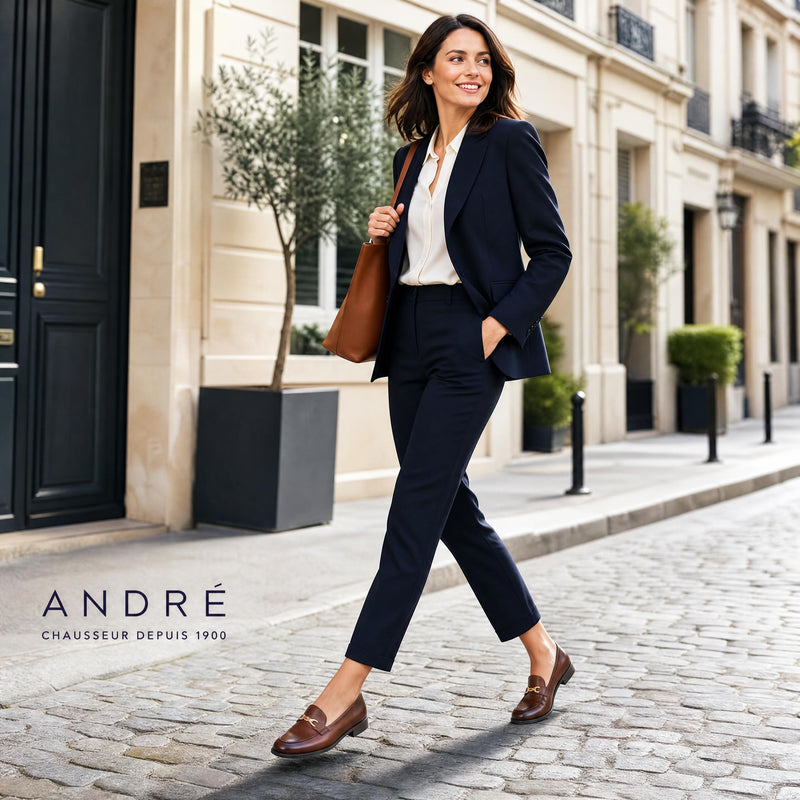 Sélection de chaussures été André 2026 posées sur un fond ensoleillé en bois clair, incluant des ballerines en cuir et des sandales dor...
![Chaussures femme de qualité : le guide ultime pour allier style et confort au bureau en 2026