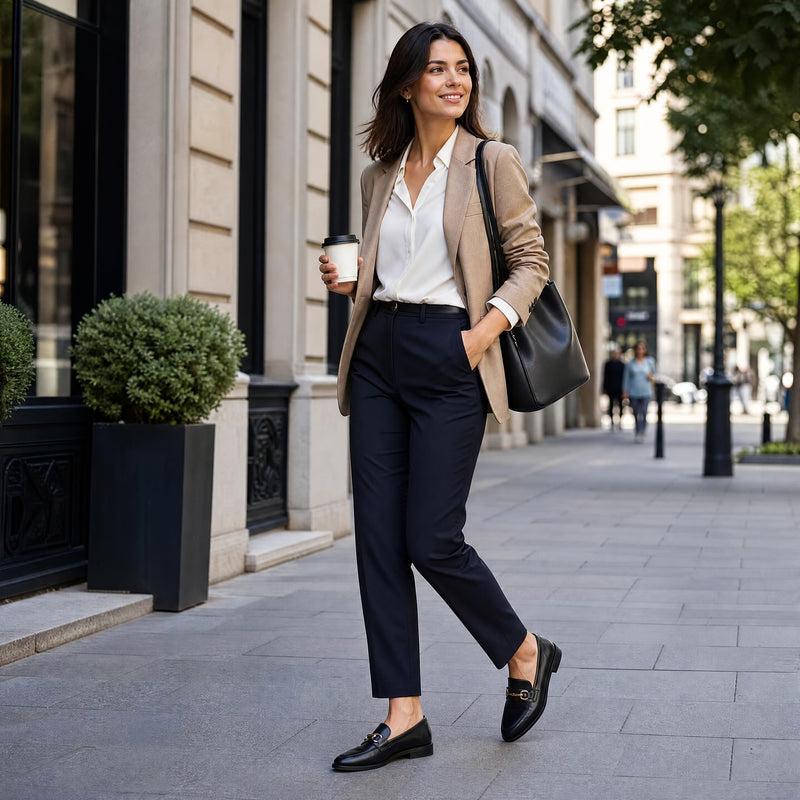 Selection of trendy women's shoes 2026 — black leather loafers, beige square-toe ballet flats, and minimalist sandals arranged on a bei...
![Quels mocassins femme, ballerines femme ou sandales femme choisir pour aller au bureau en 2026 ?