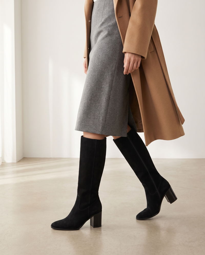 Botte ALLYE noir en daim portée, studio mur blanc