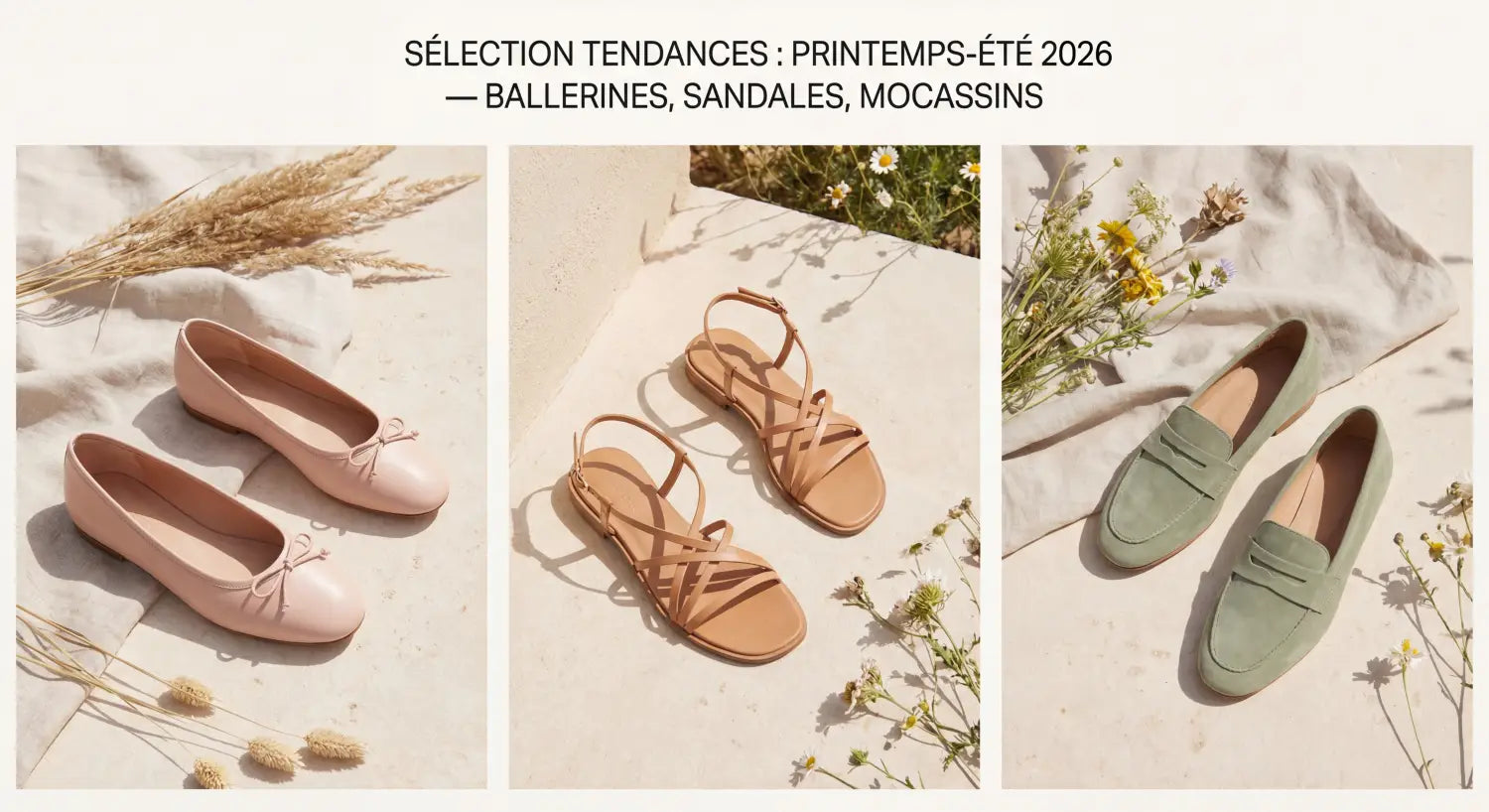Sélection de chaussures tendance printemps-été 2026 — ballerines, sandales et mocassins posés sur fond naturel clair, ambiance mode et légèreté