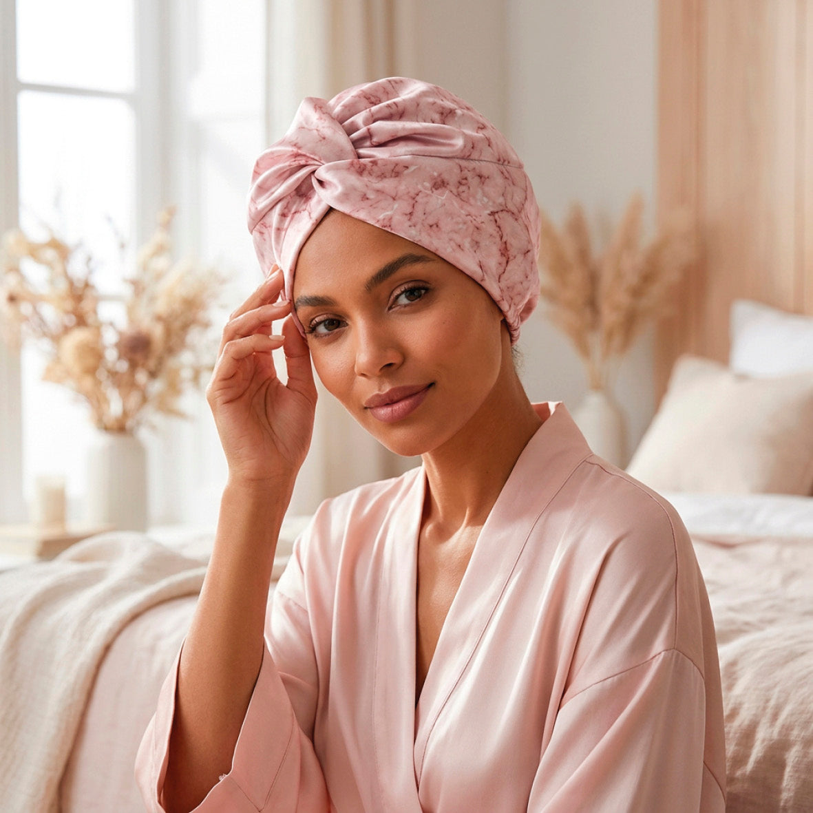 Bonnet de nuit en soie - Soléa Marbre rose