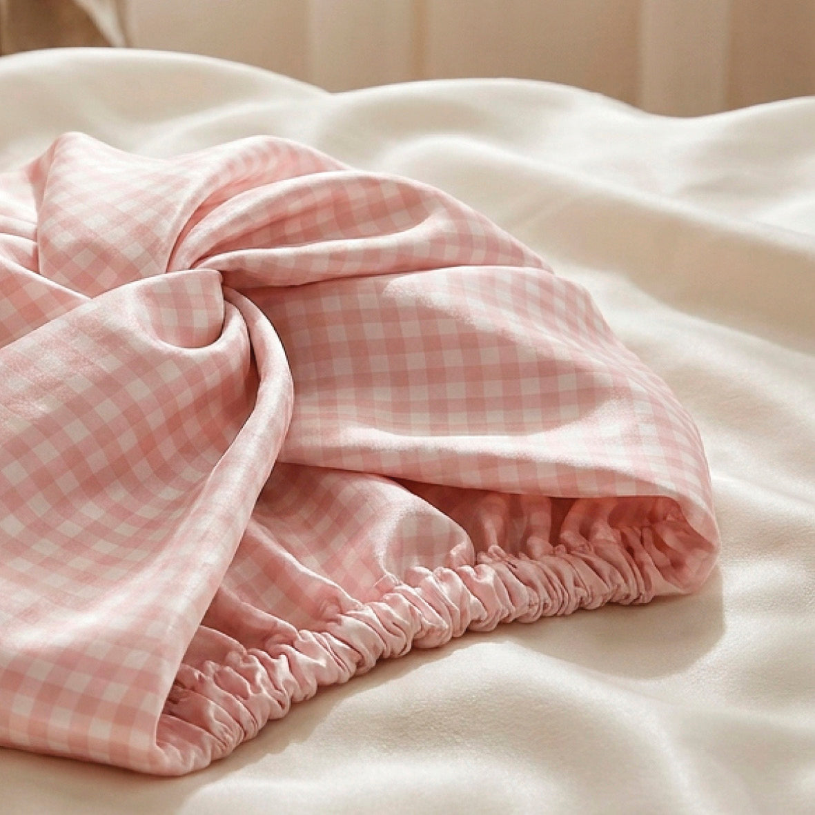 Bonnet de nuit en soie - Soléa Rose vichy
