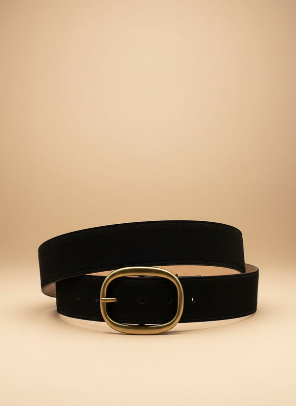 André Brisea dark brown suede leather belt with oval gold buckle, made in Italy.