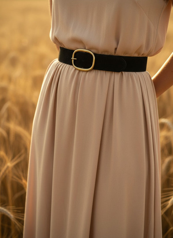 André black suede belt with oval gold buckle, made in Italy. Minimalist chic accessory for any outfit.