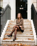 Escarpins CALICE noirs portés, femme assise sur le perron d'une maison londonienne en automne