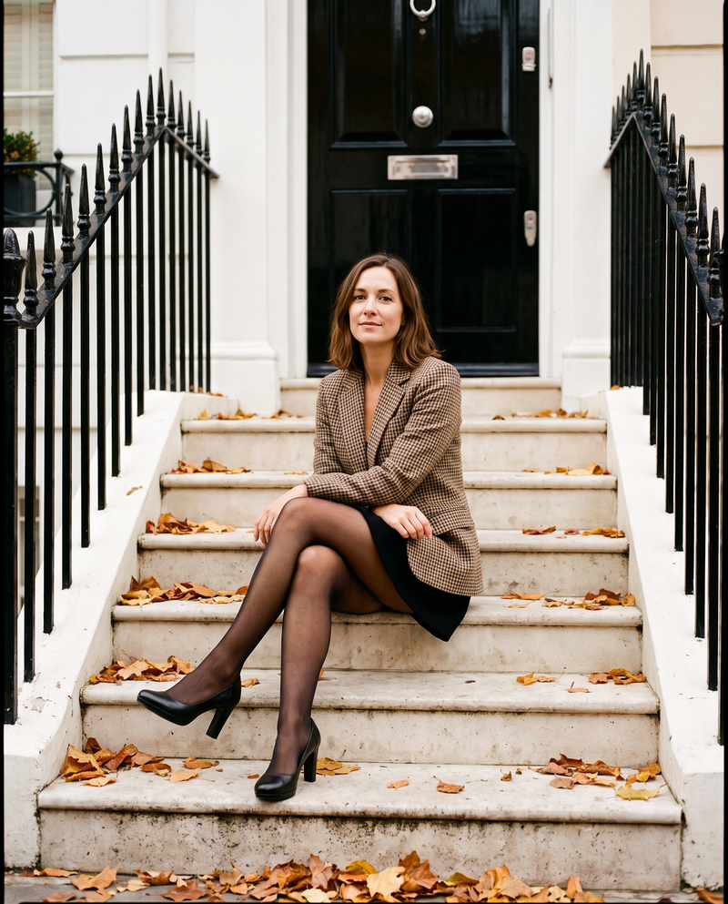 Escarpins CALICE noirs portés, femme assise sur le perron d'une maison londonienne en automne