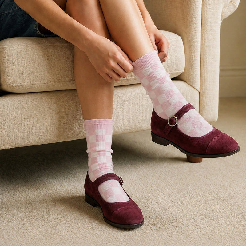 Chaussettes Carreaux - Blanc / Rose