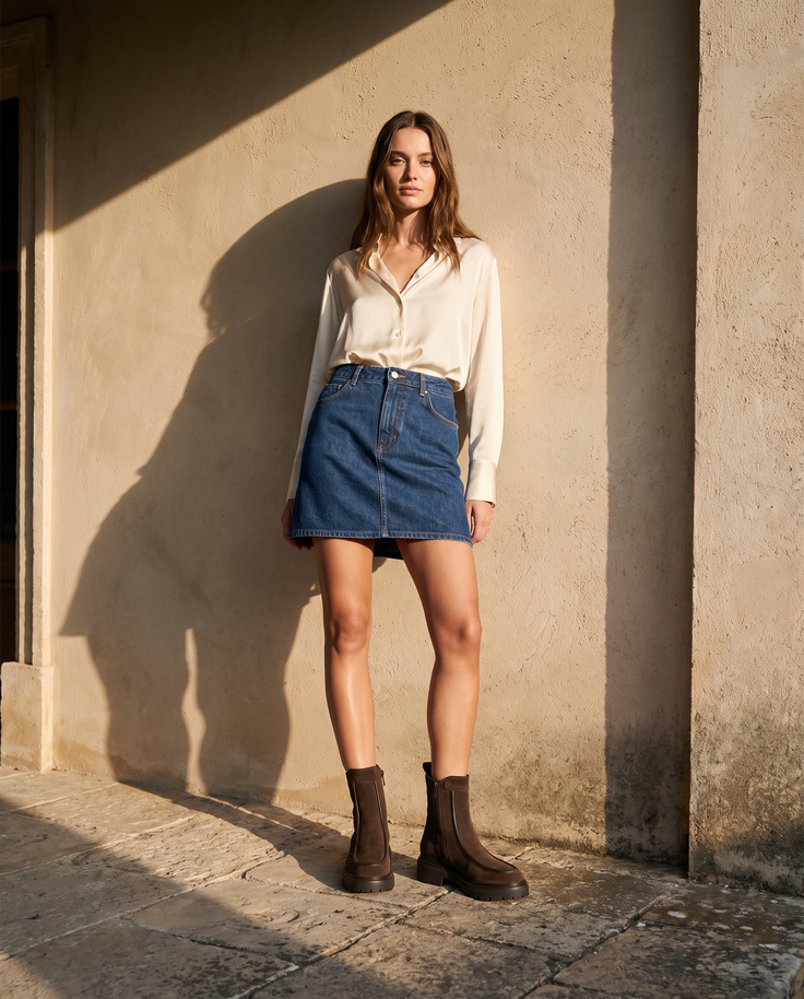 Boots CASSIE marron portées avec une jupe en jean sur une terrasse en pierre — A by André