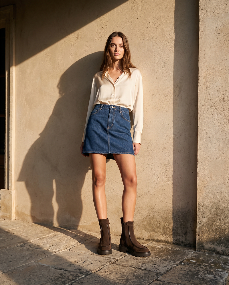 Boots CASSIE marron portées avec une jupe en jean sur une terrasse en pierre — A by André