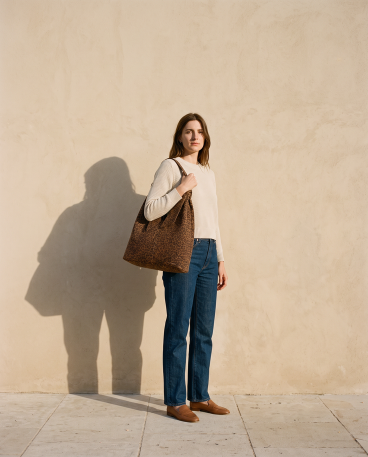 Sac DAUPHINE léopard suède Maison André porté à l'épaule