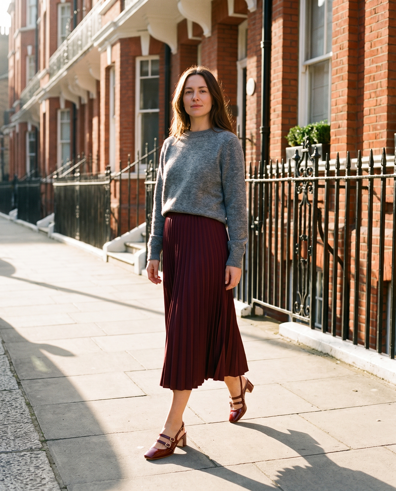 Slingback DEOTILLE bordeaux portée, femme marchant dans une rue de Londres