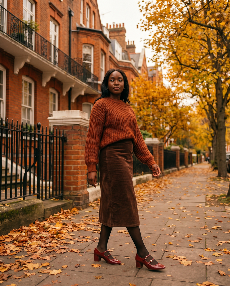 Escarpins DORIS bordeaux portés, femme marchant dans une rue de Londres en automne