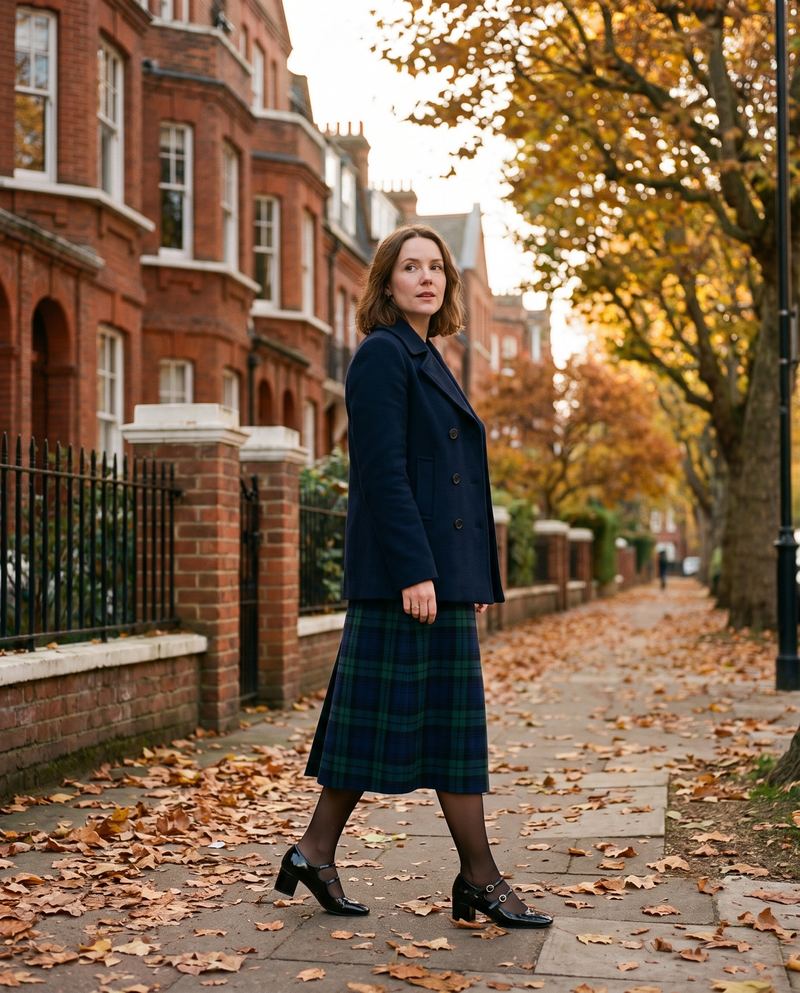 Escarpins DORIS noirs portés, femme marchant dans une rue de Londres en automne