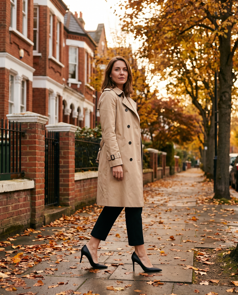 Escarpins ENIVRANTE noirs portés, femme marchant dans une rue de Londres en automne