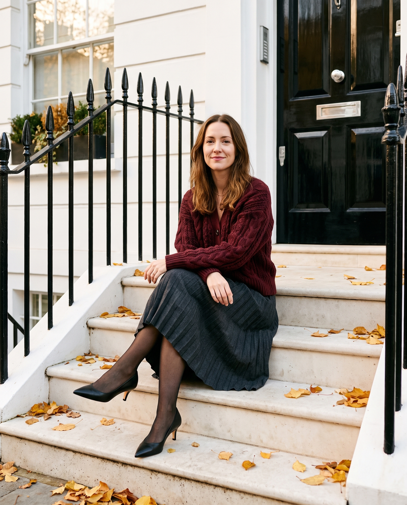 Escarpins ETONNANTE noirs portés, femme assise sur le perron d'une maison londonienne en automne