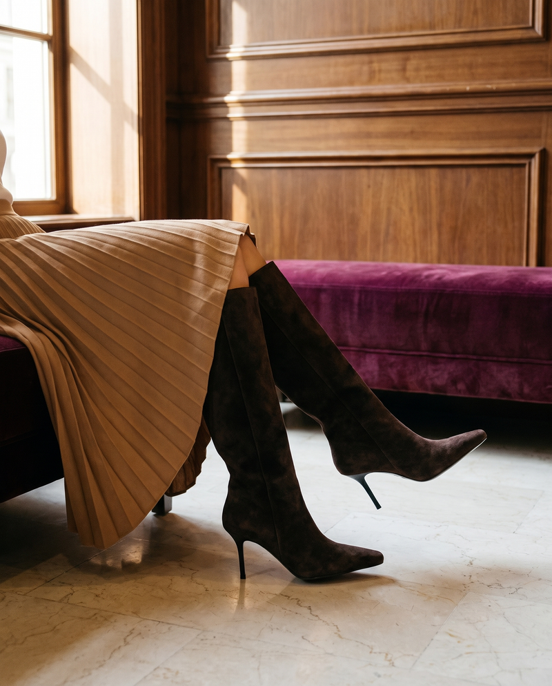 Gros plan sur les jambes portant la botte FANETTE marron, assise sur une banquette d'hôtel — Stephan x Maison André