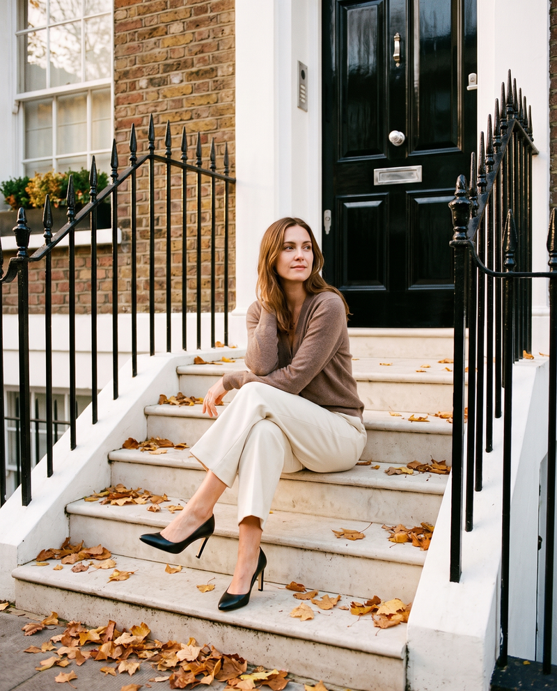 Escarpins FRIVOLE noirs portés, femme assise sur le perron d'une maison londonienne en automne