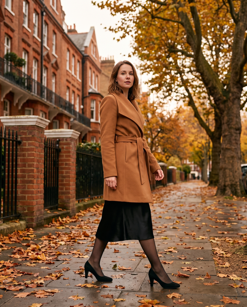 Escarpins LEONTINE noirs portés, femme marchant dans une rue de Londres en automne