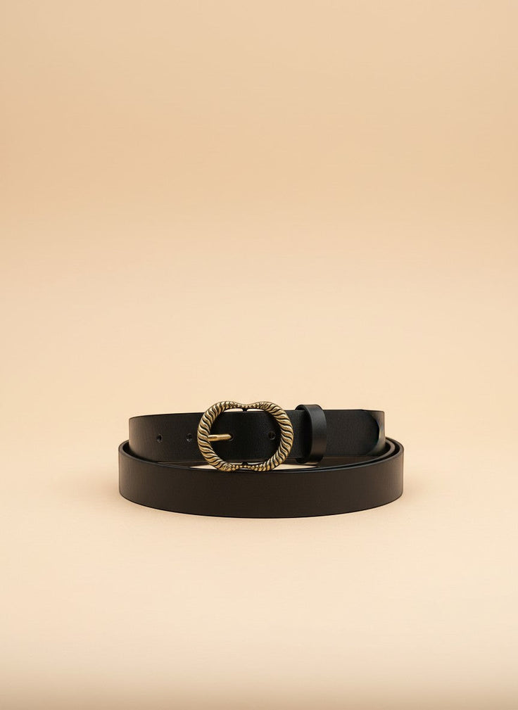 André Luma black genuine leather belt with a gold oval buckle, perfect for jeans or dresses.