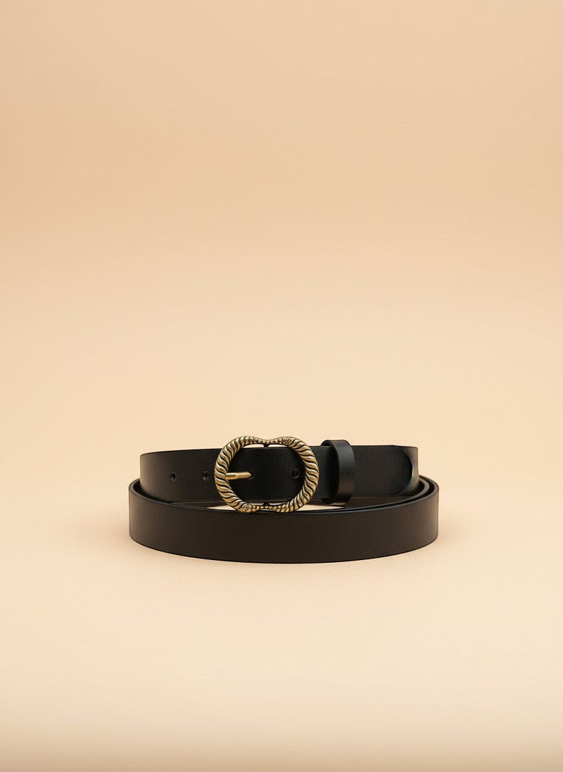 André Luma black genuine leather belt with a gold oval buckle, perfect for jeans or dresses.