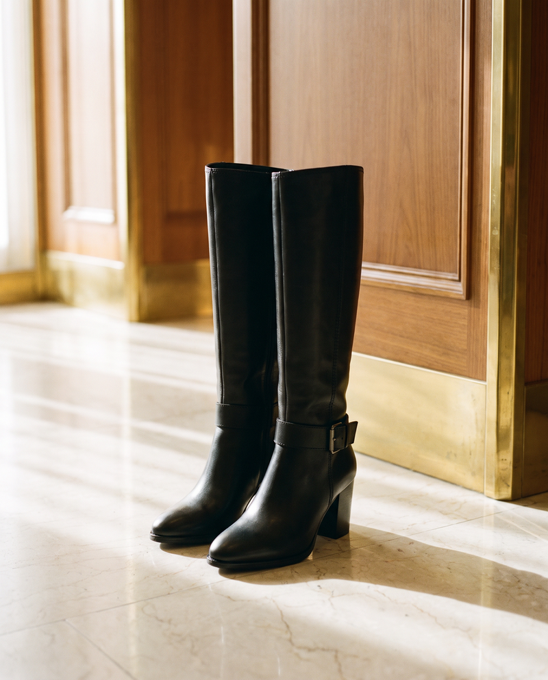 Paire de bottes MIGHTY posée sur un sol en marbre d'hôtel — André