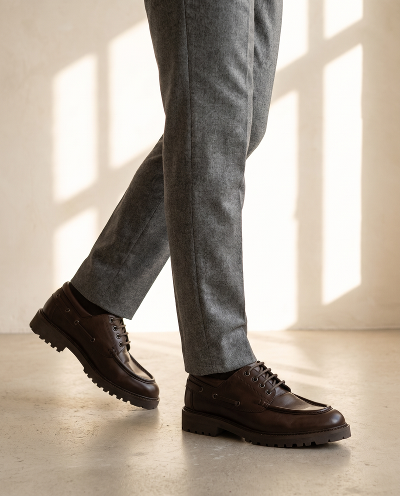 Derby MOHAMED marron porté, pantalon flanelle gris, sol béton clair