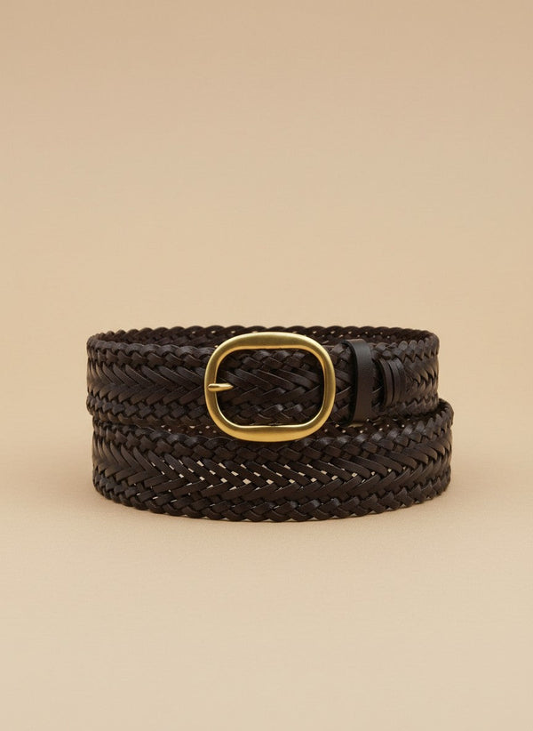 André Nerea brown genuine braided leather belt with oval gold buckle