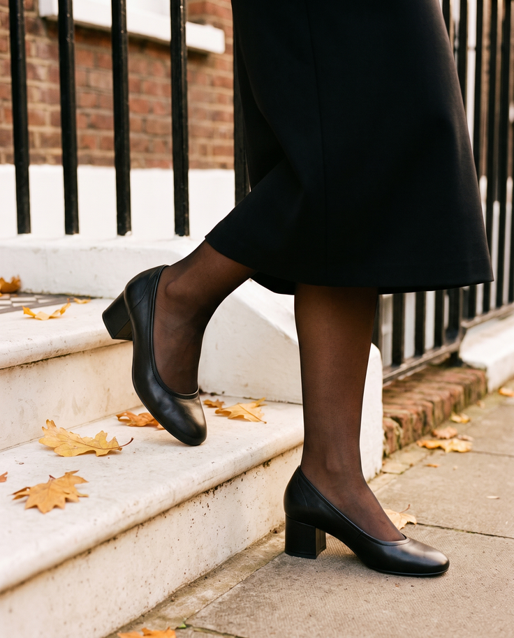 Escarpin NINAROSE noir porté, gros plan dans une rue londonienne en automne