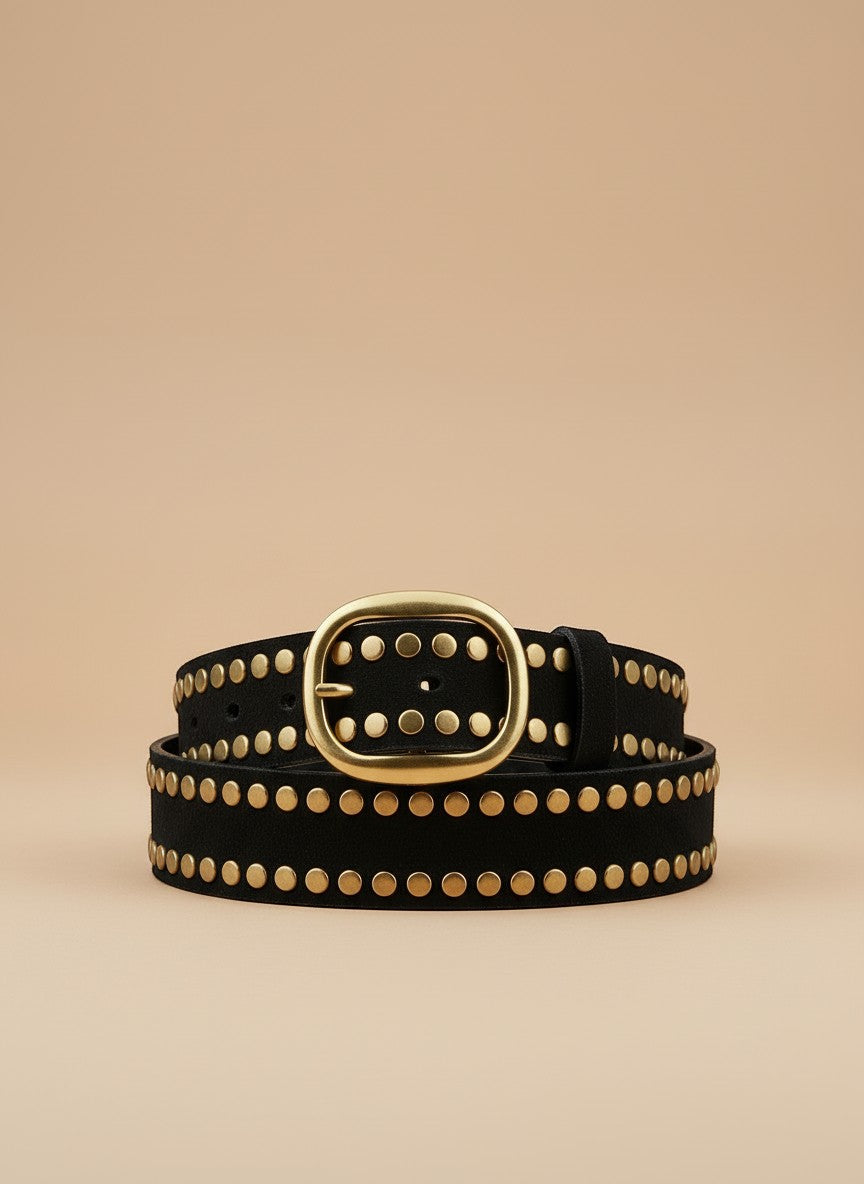 André Ocea tan leather belt with gold studs and oval buckle. Rock-chic style accessory.
