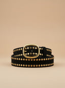 André Ocea tan leather belt with gold studs and oval buckle. Rock-chic style accessory.