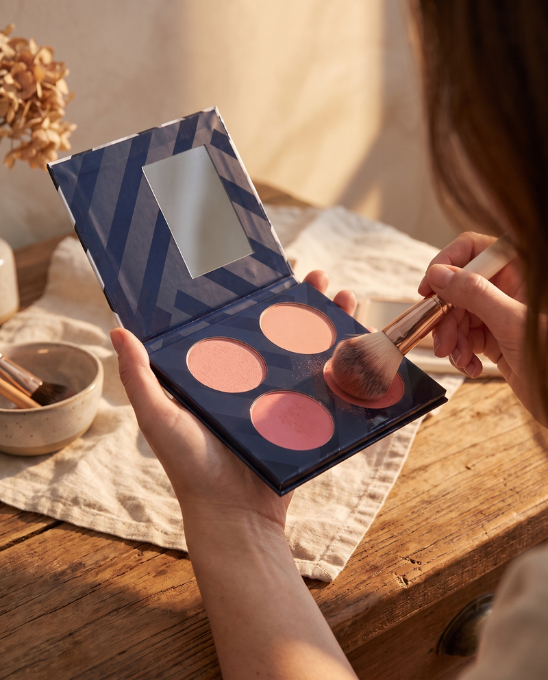 Palette de 4 blushs CXL by Christian Lacroix tenue en main avec un pinceau, sur une coiffeuse en bois