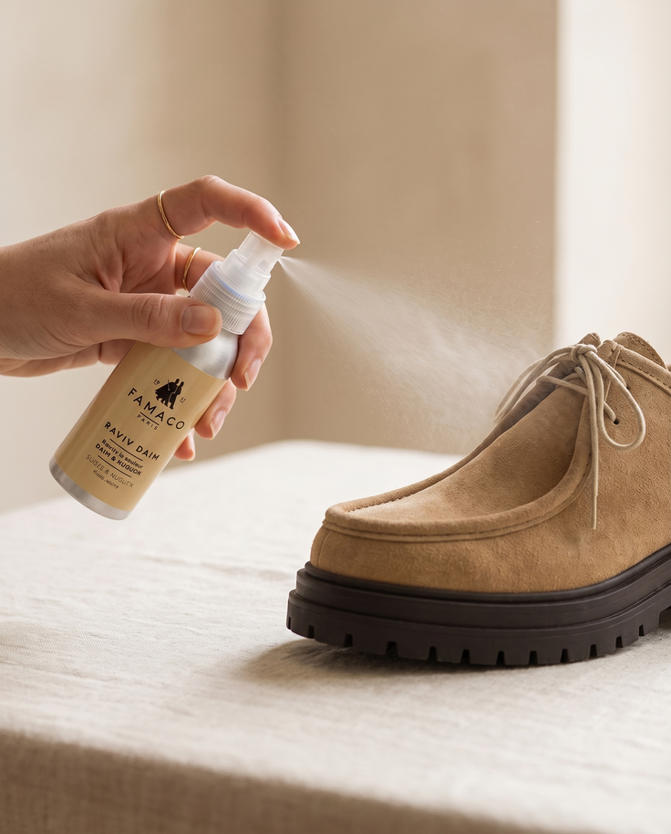 Raviv'Daim Famaco en utilisation sur une chaussure André