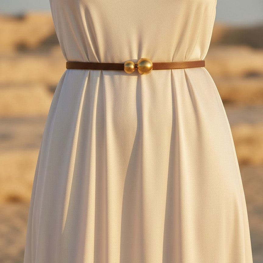 André Samea camel leather belt with a gold double ball buckle. A stylish accessory for women.