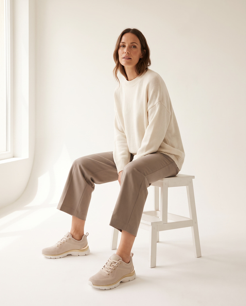 Basket SERAPIS beige portée, femme assise sur un tabouret blanc en studio