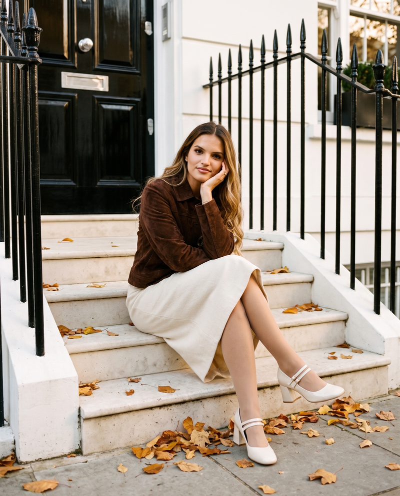 Escarpins SOHILA beiges portés, femme assise sur le perron d'une maison londonienne en automne