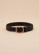 André Solea marron braided leather belt with gold buckle. Elegant and discreet, perfect for cinching dresses or trousers.