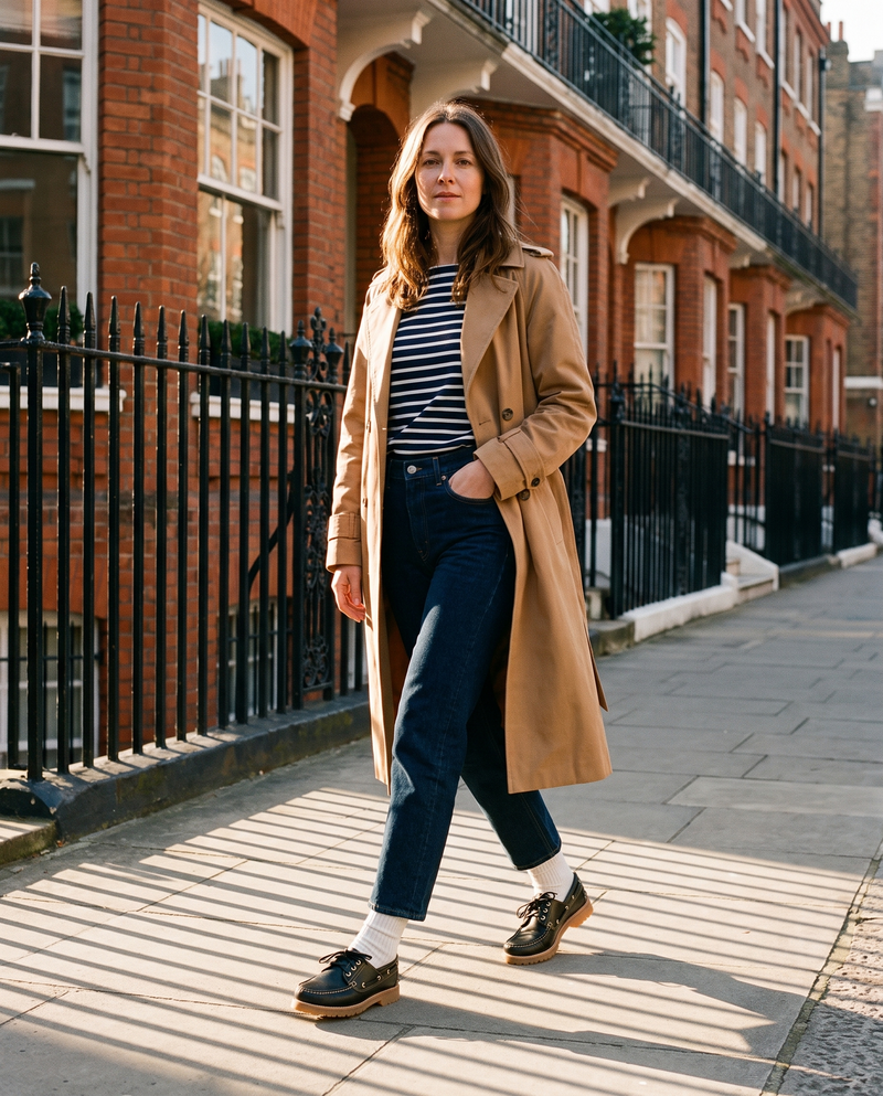 Mocassin bateau SOLINE noir porté, femme marchant dans une rue de Londres