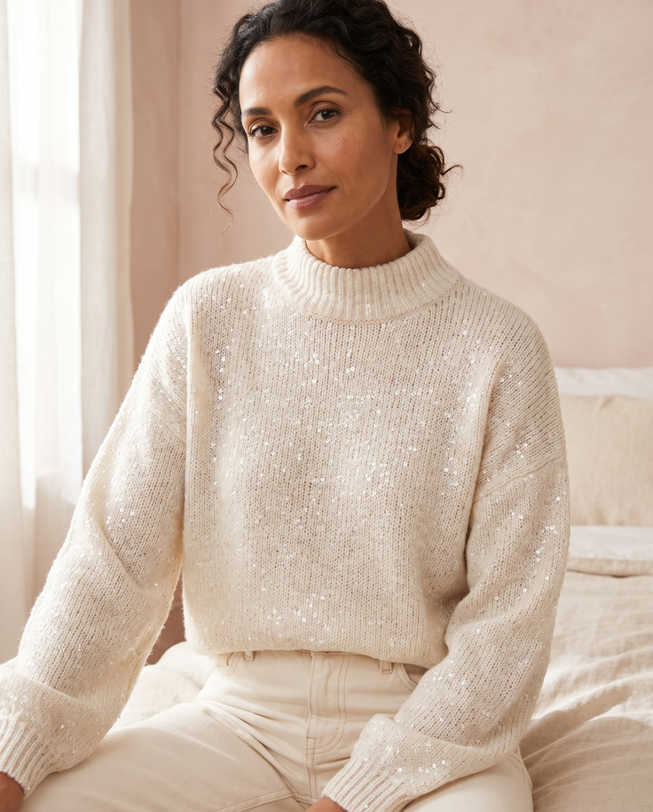 Pull paillettes Solveig écru, porté, intérieur rose poudré