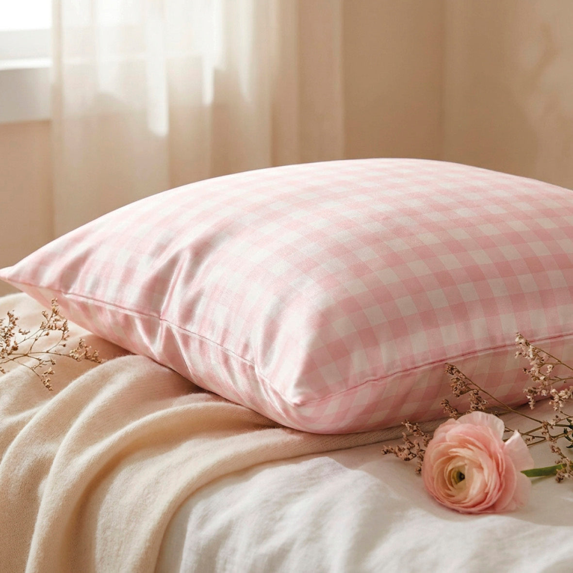 Silk pillowcase - Lunéia Gingham pink