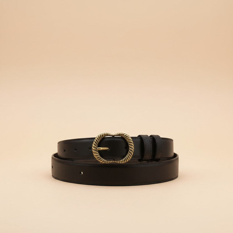André Zestia cafe leather belt with ornate gold buckle. Deep brown, ideal for adding warmth to outfits.